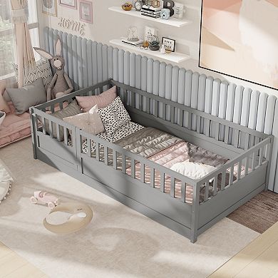 GOODSILO Twin Size Floor Bed with Safety Barrier and Door Montessori Design