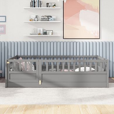 GOODSILO Twin Size Floor Bed with Safety Barrier and Door Montessori Design