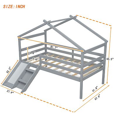 GOODSILO Twin Low Loft House Bed with Slide Ladder Safety Guardrails Roof Frame
