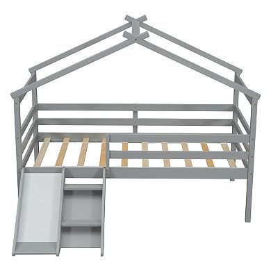 GOODSILO Twin Low Loft House Bed with Slide Ladder Safety Guardrails Roof Frame