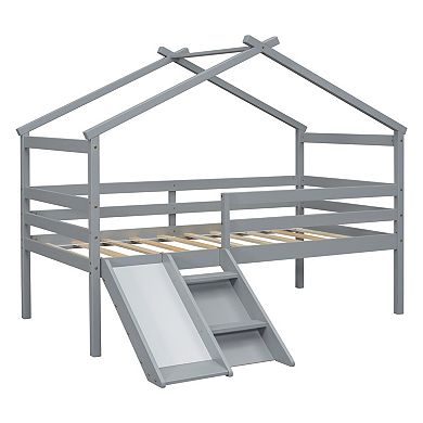 GOODSILO Twin Low Loft House Bed with Slide Ladder Safety Guardrails Roof Frame