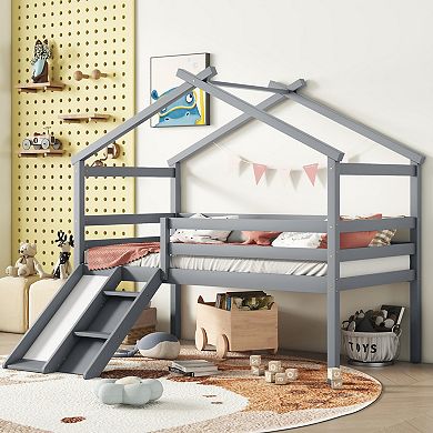GOODSILO Twin Low Loft House Bed with Slide Ladder Safety Guardrails Roof Frame