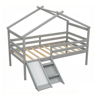 GOODSILO Twin Low Loft House Bed with Slide Ladder Safety Guardrails Roof Frame