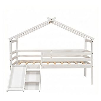 GOODSILO Twin Low Loft House Bed with Slide Ladder Safety Guardrails Roof Frame