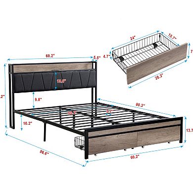 GOODSILO Queen Size Upholstered Platform Bed Frame with Storage Headboard and Pull-out Drawers