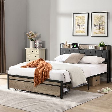 GOODSILO Queen Size Upholstered Platform Bed Frame with Storage Headboard and Pull-out Drawers