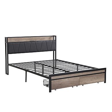 GOODSILO Queen Size Upholstered Platform Bed Frame with Storage Headboard and Pull-out Drawers