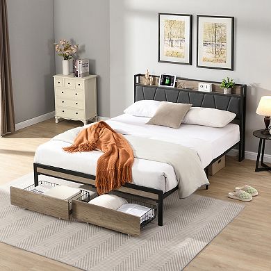 GOODSILO Queen Size Upholstered Platform Bed Frame with Storage Headboard and Pull-out Drawers