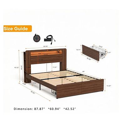 GOODSILO Farmhouse Style Queen Platform Bed Frame with Storage Bookcase and LED Headboard