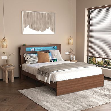 GOODSILO Farmhouse Style Queen Platform Bed Frame with Storage Bookcase and LED Headboard