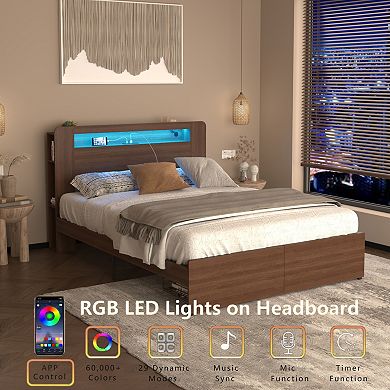 GOODSILO Farmhouse Style Queen Platform Bed Frame with Storage Bookcase and LED Headboard