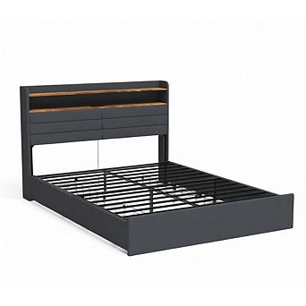 GOODSILO Queen Upholstered Platform Bed Frame with Storage and LED Headboard