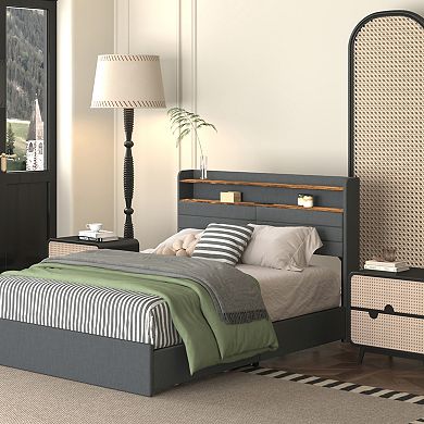 GOODSILO Queen Upholstered Platform Bed Frame with Storage and LED Headboard