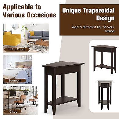 2-Tier Wedge Narrow End Table with Storage Shelf and Solid Wood Legs