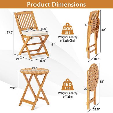 3 Piece Acacia Wood Patio Folding Bistro Set with Soft Cushions