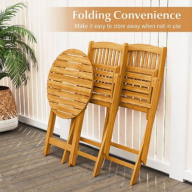 3 Piece Acacia Wood Patio Folding Bistro Set with Soft Cushions