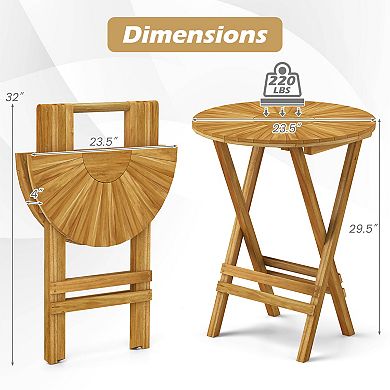 Patio Folding Side Table Teak Wood Round End Table with Slatted Tabletop and X-Shaped Frame
