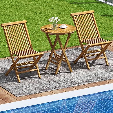 Patio Folding Side Table Teak Wood Round End Table with Slatted Tabletop and X-Shaped Frame