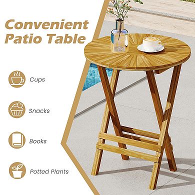 Patio Folding Side Table Teak Wood Round End Table with Slatted Tabletop and X-Shaped Frame