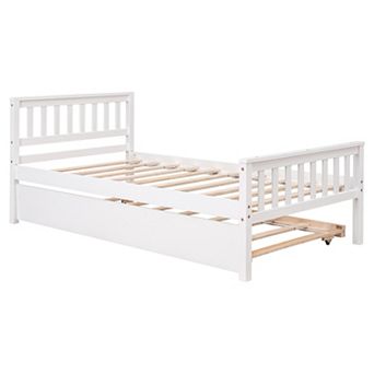 GOODSILO Space-Saving Twin Platform Bed Frame with Pull-Out Trundle and Headboard