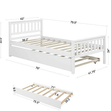 GOODSILO Space-Saving Twin Platform Bed Frame with Pull-Out Trundle and Headboard