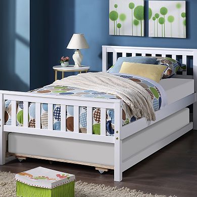 GOODSILO Space-Saving Twin Platform Bed Frame with Pull-Out Trundle and Headboard