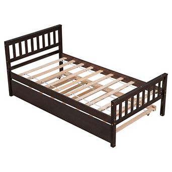 GOODSILO Space-Saving Twin Platform Bed Frame with Pull-Out Trundle and Headboard