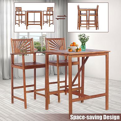 3 Piece Acacia Wood Patio Bar Set with Sunflower Pattern Backrest