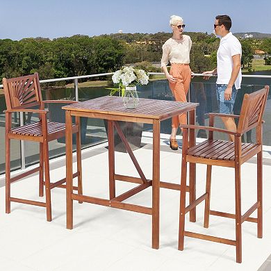 3 Piece Acacia Wood Patio Bar Set with Sunflower Pattern Backrest