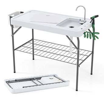 2-in-1 Folding Fish Cleaning Table with Sink and Faucet for Outdoor BBQ
