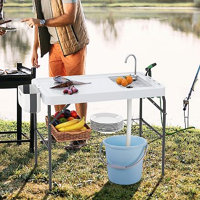 Folding Fish Cleaning Table With Sink and Faucet for Camping BBQ