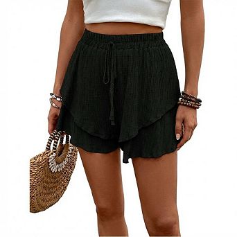 Women's High Waist Summer Shorts Elastic Waist Loose Fit Straight Leg Beach Short