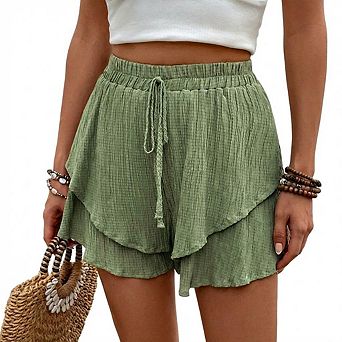Women's High Waist Summer Shorts Elastic Waist Loose Fit Straight Leg Beach Short