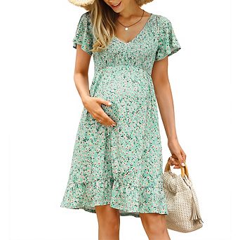 Women's Maternity Short Sleeve Ruffle Dress V Neck Summer Casual Smocked Flowy Midi Dress