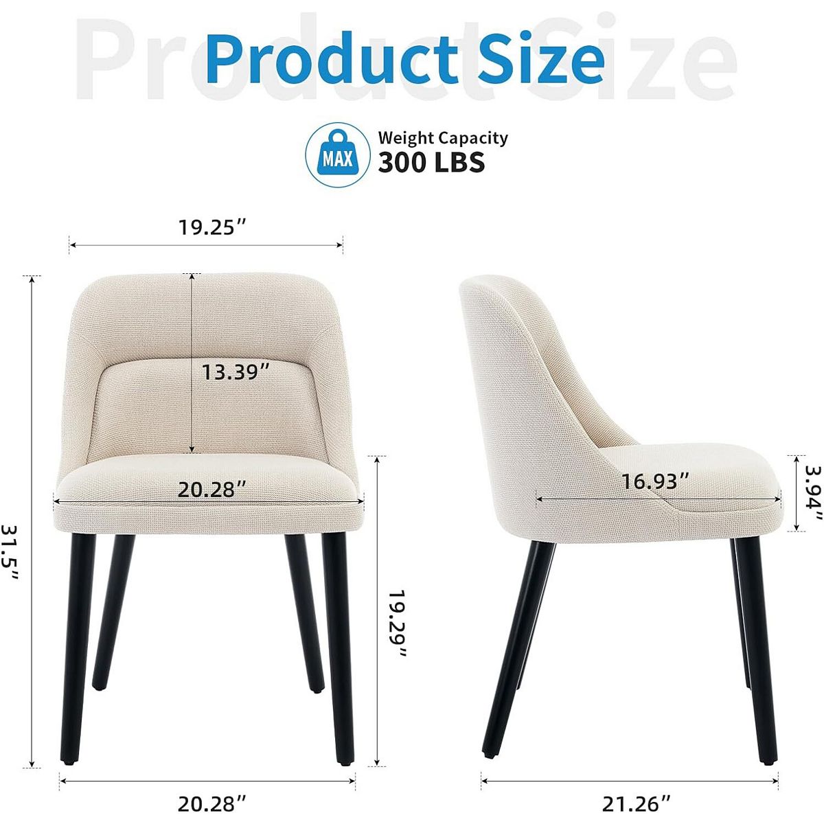 Product size diagram with measurements of beige dining chair