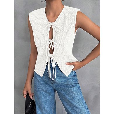 Womens Tie Front Sweater Vest Open Front Sleeveless V Neck Knitted Cardigan