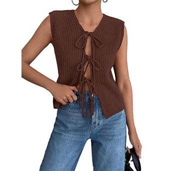 Womens Tie Front Sweater Vest Open Front Sleeveless V Neck Knitted Cardigan
