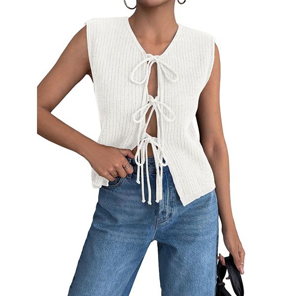 Womens Tie Front Sweater Vest Open Front Sleeveless V Neck Knitted