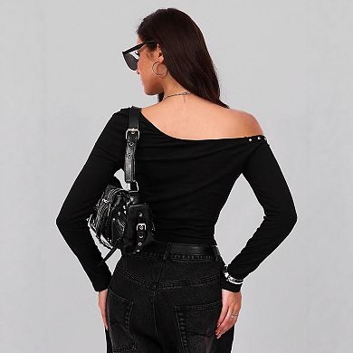 Womens Off Shoulder Crop Tops Asymmetrical Fitted Long Sleeve Baby Tee Shirts