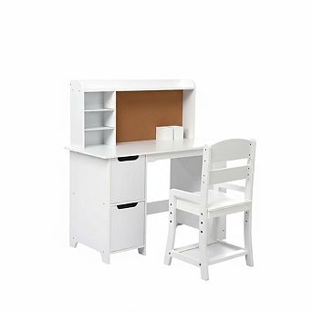 Kids Study Desk and Chair Set for Ages 3-8, Wooden Writing Desk with Cabinets for Girls Boys