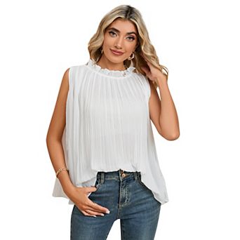 Women's Sleeveless Tops Ruffle Trim Neckline Blouse