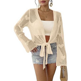 Womens Tie Front Heart Crochet Cardigan Lightweight Shrugs Knit Crop Tops Cover Up