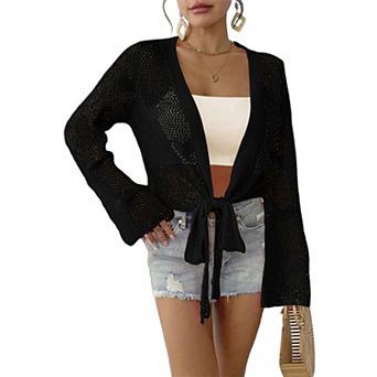 Womens Tie Front Heart Crochet Cardigan Lightweight Shrugs Knit Crop Tops Cover Up
