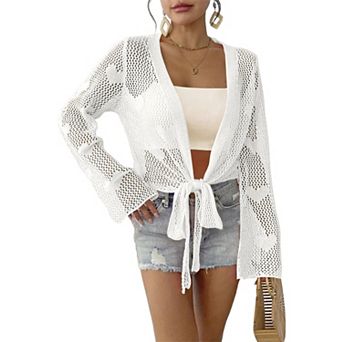 Womens Tie Front Heart Crochet Cardigan Lightweight Shrugs Knit Crop Tops Cover Up