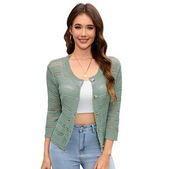 Women's Cropped Cardigan 3/4 Sleeve Lightweight Shrug Crochet Knit Sweater Button Up Casual Tops