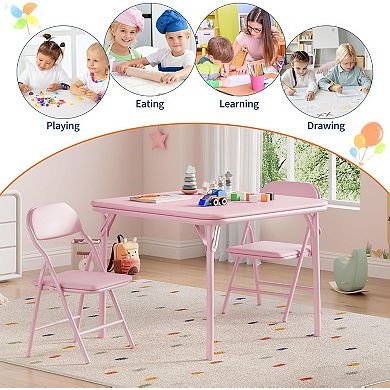 3-Pack Foldable Kids Table & Chair Set, Upholstered Square Card Table with Soft PU Cushioned Chairs