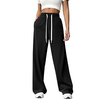 Women's High Waist Wide Leg Sports Pants Loose Fit Casual Drawstring Fitness Trousers with Pockets
