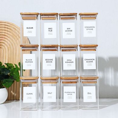 Glass Spice Jars with Bamboo Lids and Printed and Handwritten Labels Set of 24