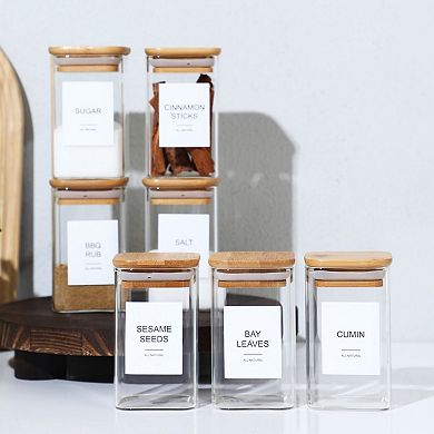 Glass Spice Jars with Bamboo Lids and Printed and Handwritten Labels Set of 24