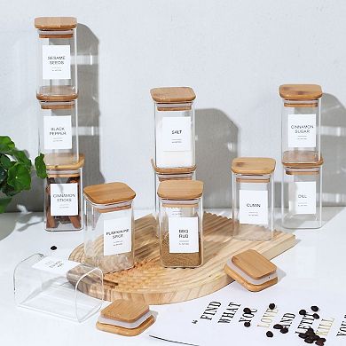 Glass Spice Jars with Bamboo Lids and Printed and Handwritten Labels Set of 24